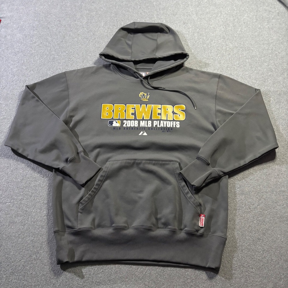 Majestic Milwaukee Brewers Hoodie Mens Large Grey 2008 MLB Playoffs Therma Base